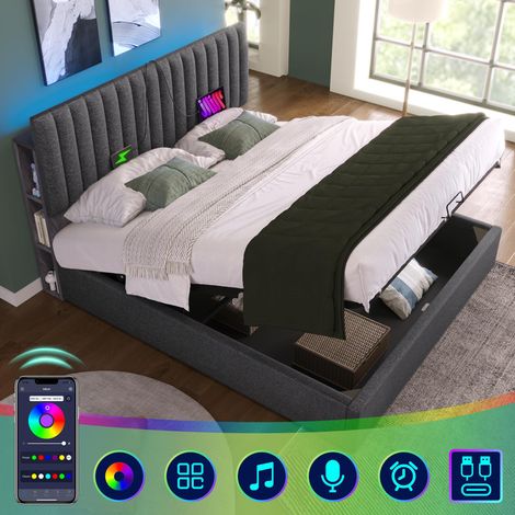 Lit rembourré 140x200 cm avec sommier à lattes inclus, tête de lit LED avec rangement et ports USB Type-C, velours lin gris, cadre de lit réglable, sans matelas (1/5)