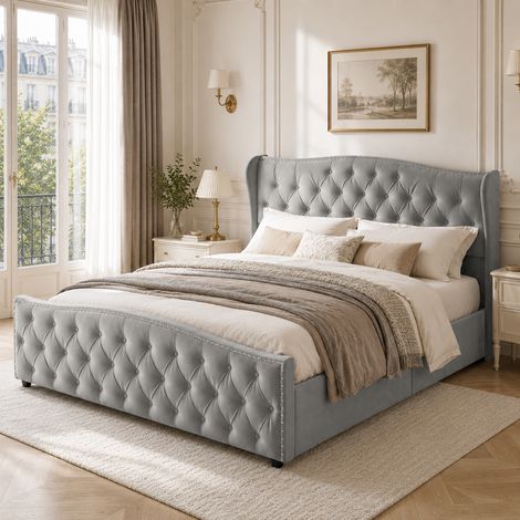 Lit coffre 140x200 cm avec sommier, lit double rembourré avec rangement hydraulique, lit 140x200 capitonné avec tête de lit cloutée design moderne confortable, velours gris