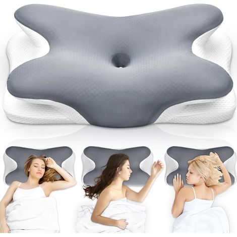 Oreiller Ergonomique Cervical, 2 en 1 Oreiller Memoire Forme pour la Nuque, pour Dormir sur Le côté, Le Dos et Le Ventre, 67 x 37 x 9/12cm, Gris (1/5)