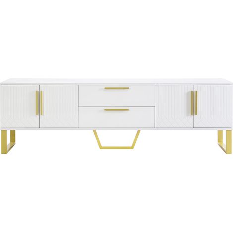 Meuble TV Brillant 170×40×53,5cm – 4 Portes Sculptées, 2 Tiroirs, Poignées et Pieds Dorés, Finition Haute Brillance