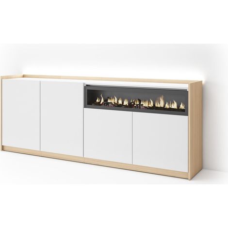 Skraut Home - Aparador para salón, Gran capacidad de almacenaje, 207x37x80cm, 4 Puertas, Chimenea eléctrica, LED, Estilo Moderno, Blanco y roble soft (1/5)