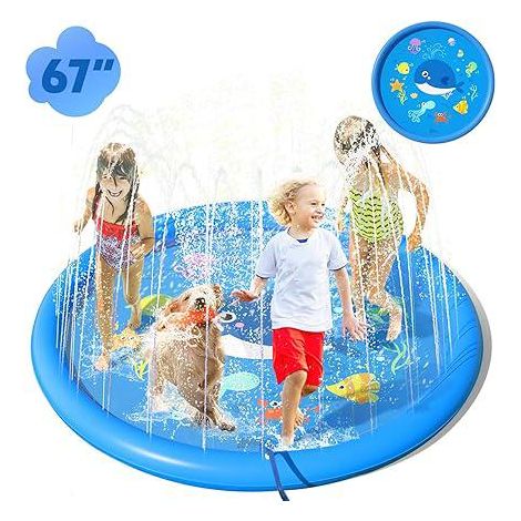 Tapis de jeu aquatique pour enfants 170CM PVC avec jets d'eau, tapis de piscine à éclaboussures pour garçons et filles (Bleu) (1/5)