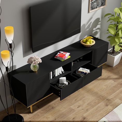 Meuble TV 165 x 36 x 55 cm noir et doré, 2 tiroirs et 2 compartiments, pour TV 60–69 pouces (1/5)