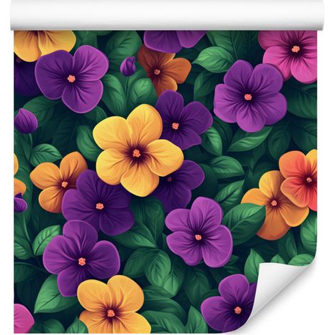 Papel pintado de flores y hojas en tonos mar y morado para salón y dormitorio, 50x1000 cm. (1/5)