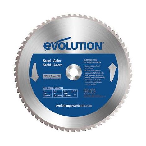 Evolution – Lame de scie circulaire 355mm – 66 dents – Alésage 25,4mm – Pour acier TCT – Coupe précise et rapide