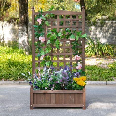 Macetero Outsunny con enrejado - Jardinera - Macetero con patas - Dimensiones: 64 cm de largo x 28 cm de ancho x 120 cm de alto. Incluye sistema de riego. Madera de abeto tratada.