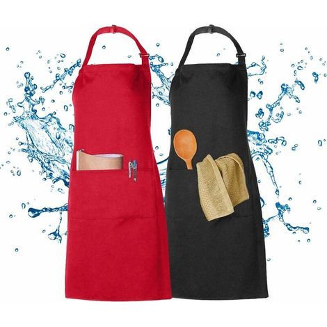 Lot de 2 Tabliers Imperméables Tablier de Cuisine Homme Femme Noir Rouge Tablier de Cuisine avec 2 Poches Tablier Femme Homme Tabliers à Bavette Restauration Tablier BBQ (1/4)