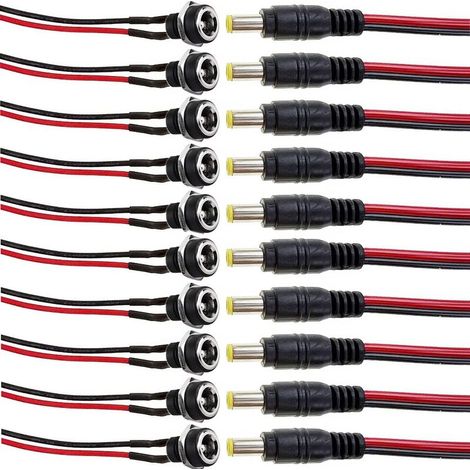 10 Paires 5,5mm x 2,1mm DC d'alimentation Connecteur, 12V 2 broches 5,5 X 2,1 mm Connecteur Mâle et Femelle,DC Pigtail Cable pour Vidéo Surveiller CCTV Caméra(22AWG 12V 2A (1/5)