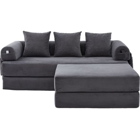 Canapé modulaire en velours côtelé gris foncé avec ottomane, cadre métallique solide et 3 coussins confortables (1/5)