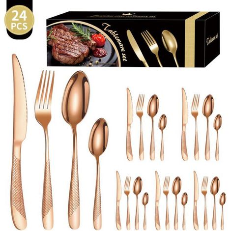 Coffret cadeau de couverts 24 pièces en acier inoxydable (couteau, fourchette, cuillère), cuisine occidentale - or rose (1/2)