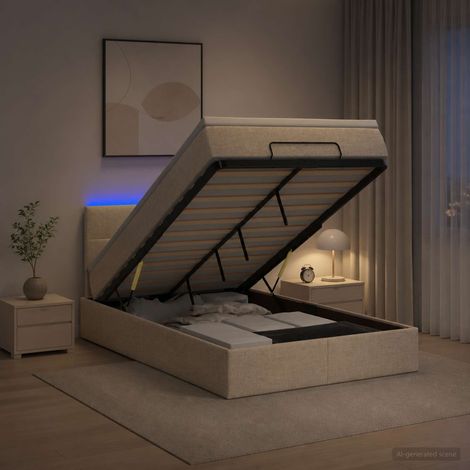 Cama tipo otomana con colchón y LED Crema 120 x 200 cm Tela (1/5)