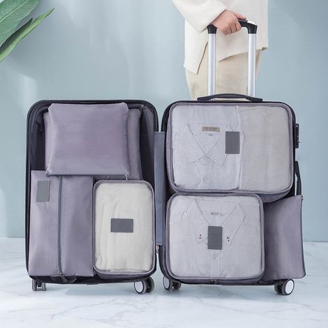 Lot de 7 cubes de rangement imperméables anti-salissures en toile Oxford gris pour valise voyage (1/5)