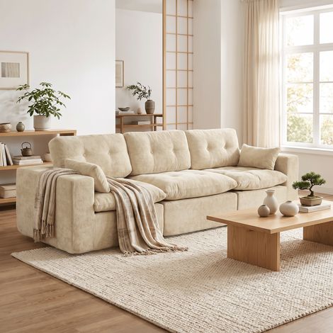 Modulares 3-Sitzer-Sofa – Beiger Chenille-Stoff – Tiefe Sitzfläche mit Wolken-Effekt – Taschenfederkern – Keine Montage erforderlich (1/5)