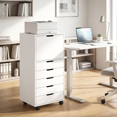 Classeur de bureau à 5 tiroirs, roulettes, tiroirs à fermeture amortie et support pour imprimante - Blanc (1/5)
