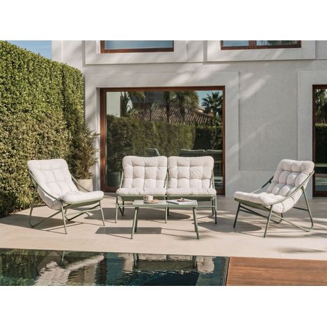 Conjunto de jardín exterior sofá 2 plazas dos sillones y una mesa verde y beige Molveno (1/5)