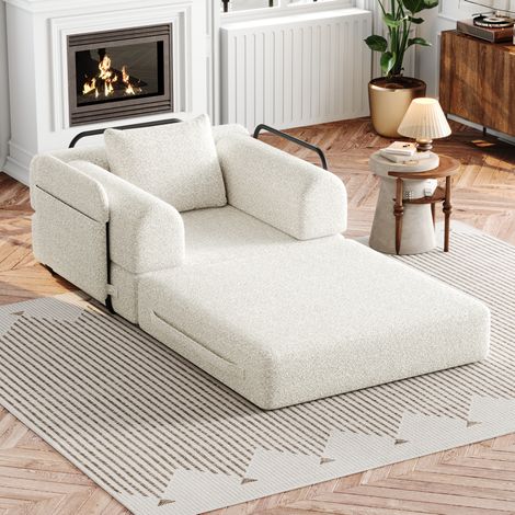 Canapé convertible 1 plaza de chenilla beige 2 en 1 con compartimento en reposabrazos (1/5)