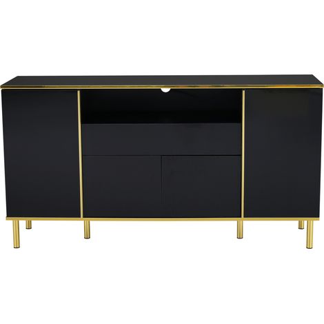 Credenza moderna nera lucida 150 x 40 x 80 cm con 4 ante 1 cassetto e LED (1/5)