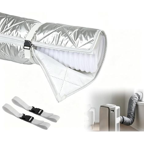 Housse isolante pour tuyau de climatiseur mobile, 150 x 53 cm (Argent – Modèle à fermeture éclair) (1/4)
