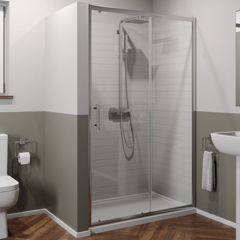 1400 x 700mm Sliding Shower Door Enclosure 6mm Glass Chrome Framed Tray & Waste (1/5)