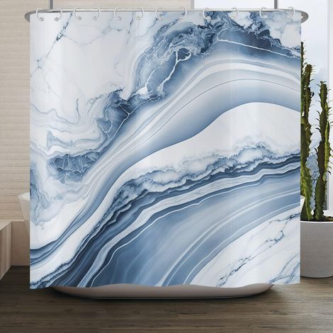 Rideau de Douche Marbre Blanc Bleu 180x200 cm, Abstrait Moderne Aspect Marbre Blanc Bleu Texture Lavable Textile Rideau Douche imperméable pour Baignoire avec 12 Crochets (1/5)