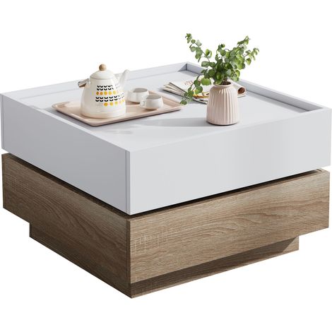 Table basse pivotante 360 avec 2 tiroirs, table de salon carrée 60x60 cm, design blanc et noyer, meuble de rangement (1/5)
