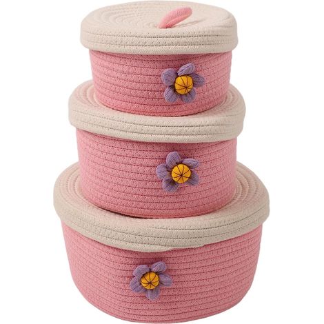 Paniers en Corde De Coton 3 Pièces, Paniers De Rangement Ronds Tissés De Couleur Vive avec Poignée De Couvercle De Différentes Tailles pour Chambre à Coucher, Bureau Et Famille(Rose) (1/5)