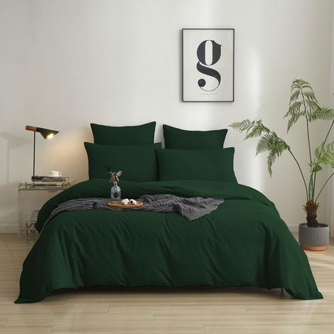 Parure de lit 135 x 200 cm - Vert foncé - Confortable et durable - Housse de couette 2 pièces - 100 % coton lavé - Pour adulte - Avec fermeture éclair et taie d'oreiller de 80 x 80 cm (1/5)