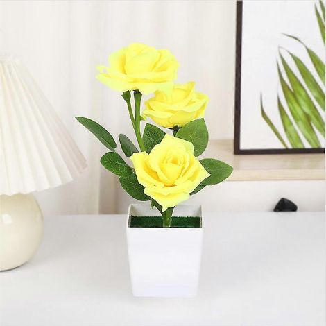 roses artificielles en pot, bonsaï, plante artificielle en plastique, décoration pour la maison, le bureau ou le salonjaune (1/5)