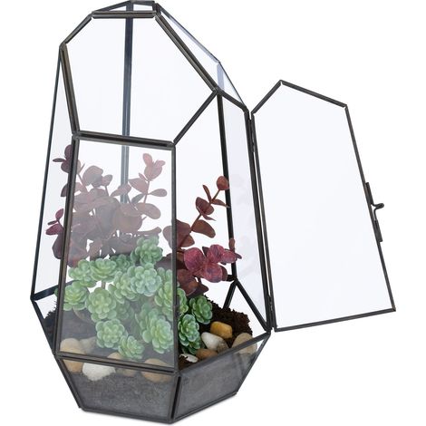 Relaxdays Terrario Piante, Mini Serra in Vetro e Rame, HLP 26x18x15 cm, Piantine Grasse e Muschi, Vaso Ecosistema, Nero (1/5)