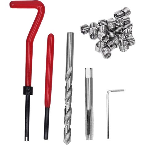 Kit 30 pièces réparation filetage M7x1 acier, inserts taraud perceuse haute efficacité universel pour automobile rouge (1/5)