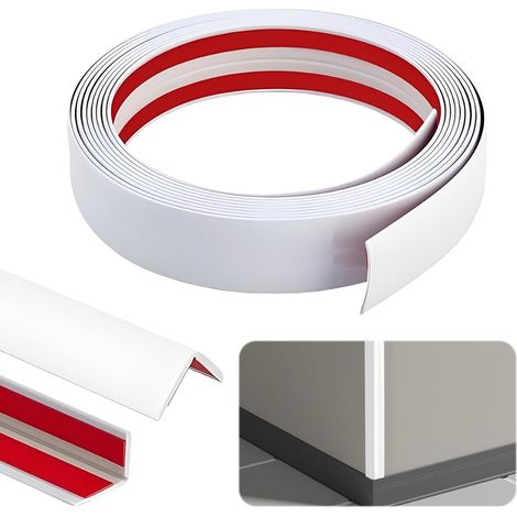 Plinthe murale autocollante, 1 cm x 1 cm x 4 m, en PVC souple, blanc, protection des bords, flexible, plinthe d'angle flexible pour portes, fenêtres, murs (1/5)
