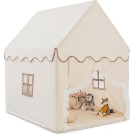GOPLUS Tente de Jeu pour Enfant 105 x 120 x 140 CM, Château de Jardin avec Tapis épais, pour Fête, Avant-toit, Beige (1/5)