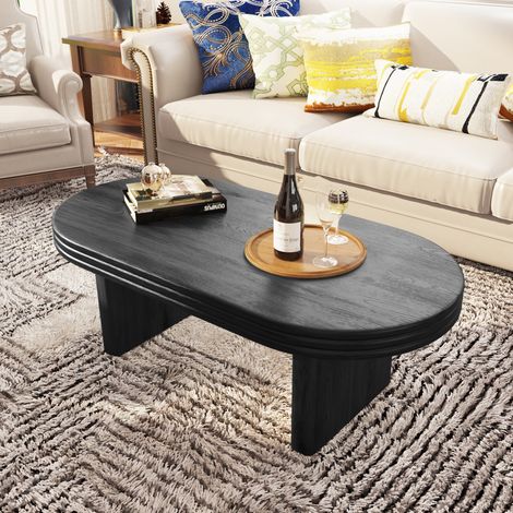 Table basse ovale 120 x 60 x 41,5 cm, style mid-century, MDF plaqué bois, noir (1/5)