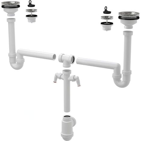 Alca - Siphon pour deux éviers, universel, avec 2 raccords, plastique A8000 (1/2)