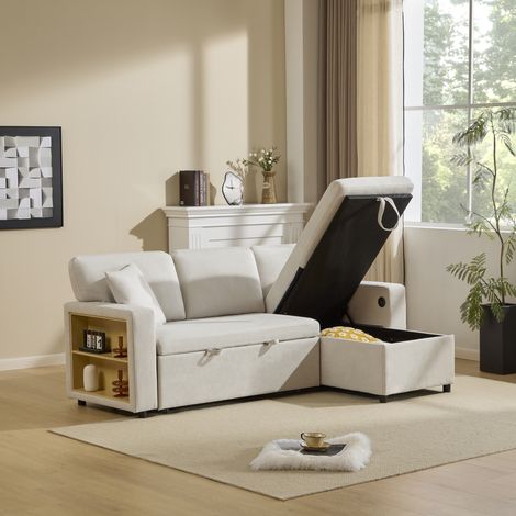 Canapé d'angle convertible L avec rangements (tiroir et étagère) - Fonction lit et espace de rangement intégré - 214x131x87 cm - Beige (1/5)