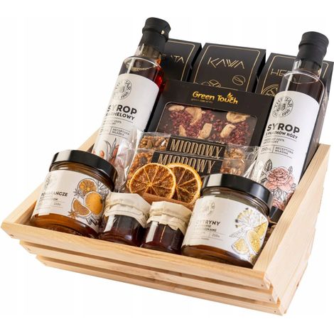 Cesta de regalo con juego de té, café, chocolate, siropes y barritas de limón. (1/5)