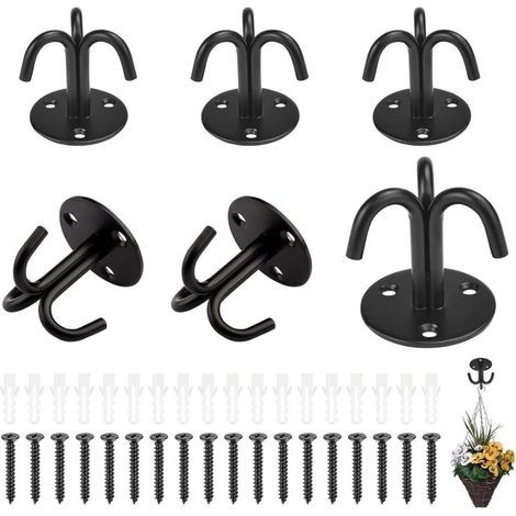 Lot de 6 crochets de plafond avec vis 3 crochets pour charges lourdes Triple crochet noir Support mural pour plantes suspendues, ventilateur de plafond, chandelier (1/5)