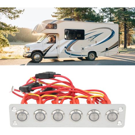 Interrupteur à bouton-poussoir autobloquant à 6 positions, en acier inoxydable avec voyant bleu et plaque en aluminium brossé. Câblage et autocollant inclus. 12 V CC, 16 A. Convient aux camping-cars, (1/5)