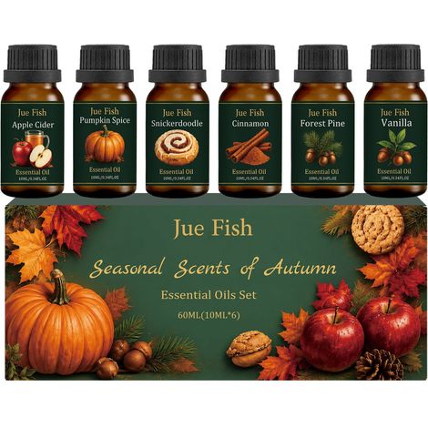 Coffret d'huiles essentielles d'aromathérapie d'automne JUE FISH - Frais et agréable pour un usage quotidien, convient aux diffuseurs, humidificateurs et appareils de massage 60 ml (10 ml x 6) (1/5)