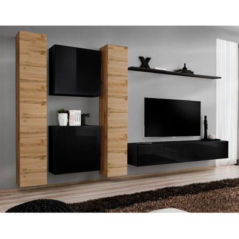 Meuble TV Mural Design "Switch VI" 330cm Naturel & Noir (1/4)