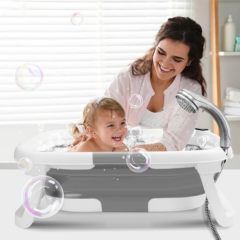 Wolketon Baby Badewanne faltbar mit Thermometer & Badekissen – Babywanne / faltbare Babybadewanne (Grau)