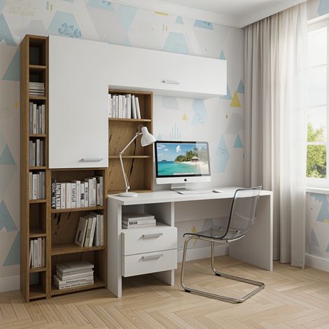 Angolo studio multifunzionale con libreria a profondità variabile e cassettiera integrata - Bianco e Quercia