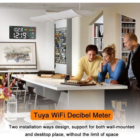 Sonomètre Tuya WiFi 4 en 1 avec mesure de la température et de l'humidité, réveil, écran couleur LED 11 pouces, application de contrôle intelligente Tuya. (1/5)
