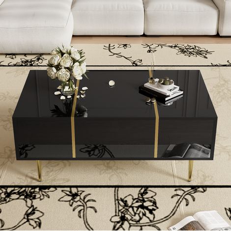 Tavolino in MDF 100x60x41,5 cm con 2 cassetti e dettagli dorati, nero (1/5)
