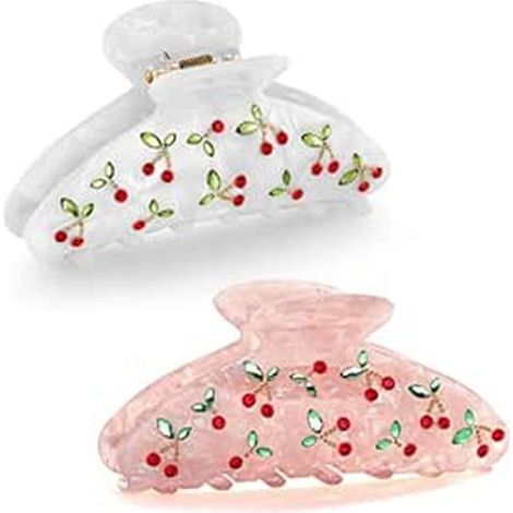 Lot de 2 pinces à cheveux motif cerisier et feuille – Antidérapantes – Acrylique – Accessoires élégants – Pour tous types de cheveux (1/5)