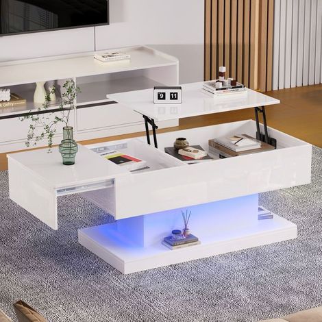 Table basse 100x50, finition brillante table basse salon, plateau relevable hydraulique, LED intégrées, rangement intégré (1/5)
