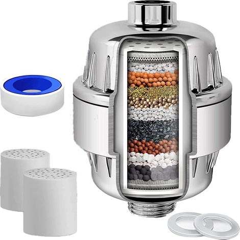 Filtre de douche, filtre à douche chromé, filtre à eau remplaçable universelle, avec 2 éléments filtrants, peut éliminer le chlore et Impuretés dans (1/5)