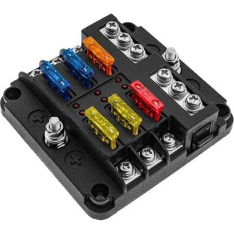 Boîte à fusibles 6 voies 12 V, porte-fusibles à lames avec 16 fusibles, 6 indicateurs LED, couvercle de protection pour véhicules 12 V/24 V (voiture, bateau, camion, SUV). (1/4)