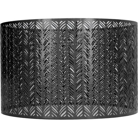 Abat-jour cylindrique métal perforé motif feuilles de sapin – Compatible E14/E27, pour lampe de table/sol/plafond (25cm x 16cm) – Noir (1/4)
