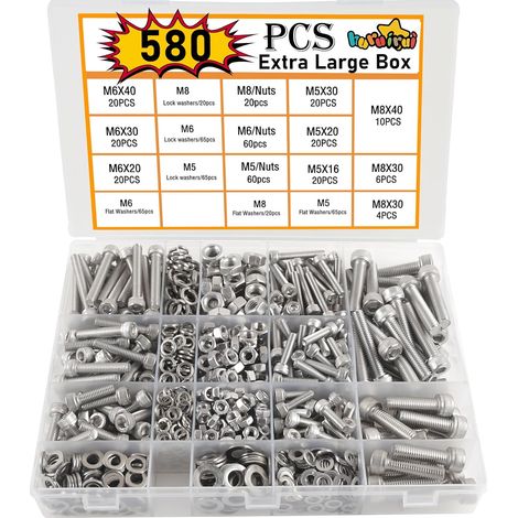 580pcs M5 M6 M8 Jeu de Vis et écrous Vis Boulon et écrous à Six Pans Creux 304 Visserie Inox Assortiment Ecrous et Boulons Rondelles Kit pour Réparation Bricolage Mécanique (1/5)
